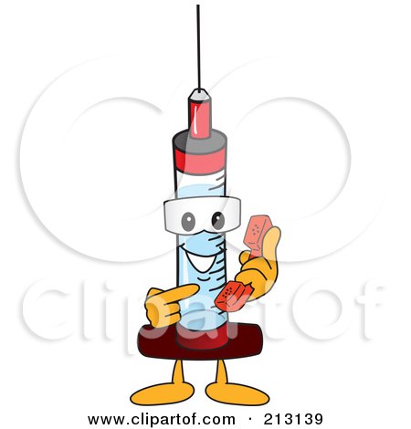 Royalty-Free (RF) Clipart Illustration of a Medical Syringe Mascot Character Holding A Telephone by Mascot Junction