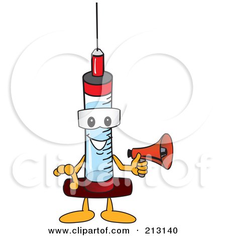 Royalty-Free (RF) Clipart Illustration of a Medical Syringe Mascot Character Holding A Megaphone by Mascot Junction