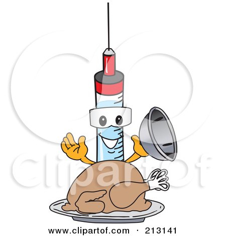 Royalty-Free (RF) Clipart Illustration of a Medical Syringe Mascot Character Serving A Thanksgiving Turkey by Mascot Junction