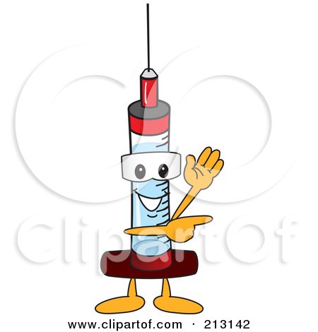 Royalty-Free (RF) Clipart Illustration of a Medical Syringe Mascot Character Waving And Pointing by Mascot Junction