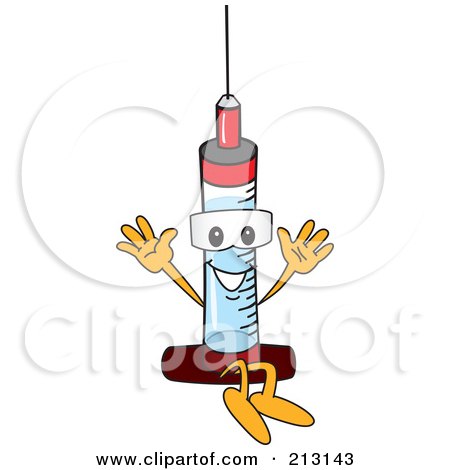 Royalty-Free (RF) Clipart Illustration of a Medical Syringe Mascot Character Jumping by Mascot Junction