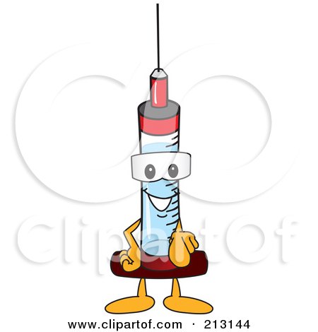 Royalty-Free (RF) Clipart Illustration of a Medical Syringe Mascot Character Pointing Outwards by Mascot Junction