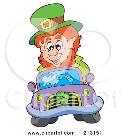 Royalty-Free (RF) Clipart Illustration of a Happy Leprechaun Driving A Purple Car With A Shamrock On The Grill by visekart