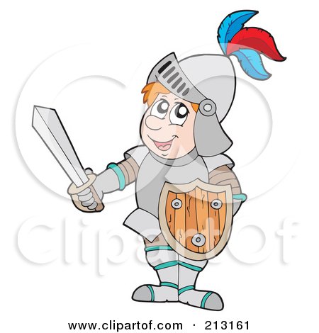 Royalty-Free (RF) Clipart Illustration of a Happy Knight Holding Shield And Sword by visekart