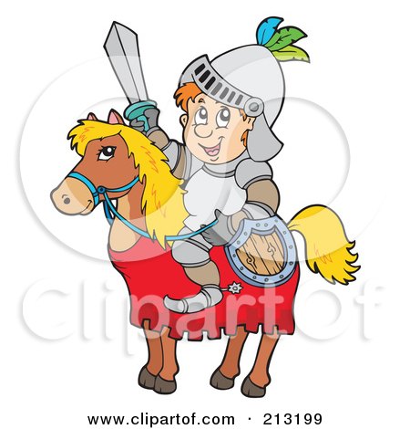 Royalty-Free (RF) Clipart Illustration of a Happy Knight On A Horse, Holding Shield And Sword by visekart