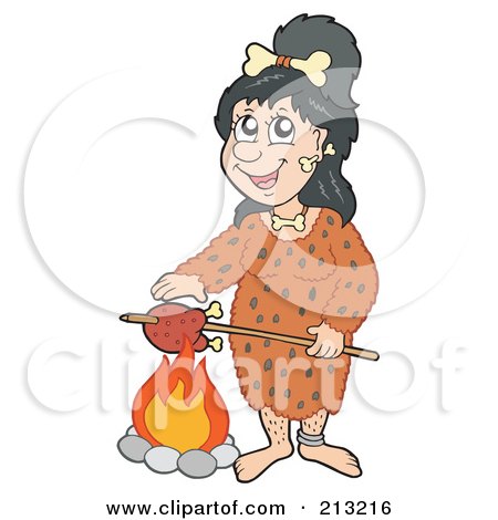 Royalty-Free (RF) Clipart Illustration of a Cavewoman Cooking A Bird Over A Fire by visekart
