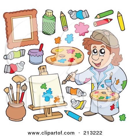 Royalty-Free (RF) Clipart Illustration of a Digital Collage Of An Artist And Supplies by visekart
