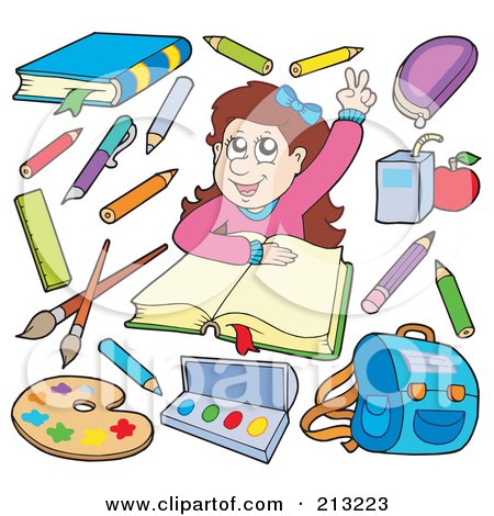 Royalty-Free (RF) Clipart Illustration of a Digital Collage Of A School Girl Raising Her Hand And School Items by visekart