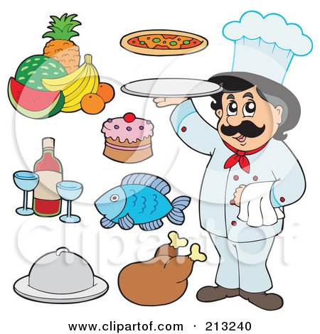 Royalty-Free (RF) Clipart Illustration of a Digital Collage Of A Chef And Food Items by visekart