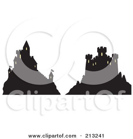 Royalty-Free (RF) Clipart Illustration of a Digital Collage Of Two Silhouetted Castles On Hills by visekart