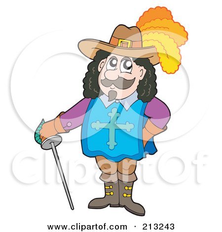 Royalty-Free (RF) Clipart Illustration of a Pleased Musketeer Leaning On His Sword by visekart