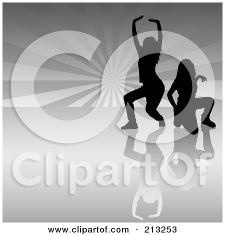 Royalty-Free (RF) Clipart Illustration of Two Female Silhouetted Women Dancing On A Reflective Gray Ray Background by dero
