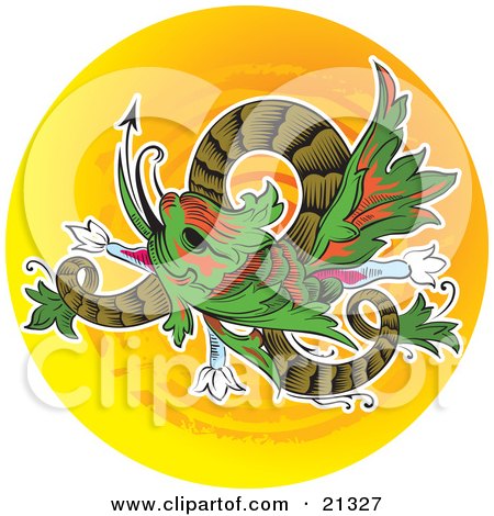 Clipart Illustration of a Green And Red Chinese Dragon Twisting Over An Orange Circle Background by Paulo Resende