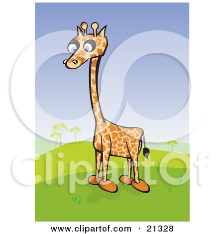 Clipart Illustration of a Lonely Little Giraffe With Short Legs, Standing In A Hilly Green Landscape by Paulo Resende