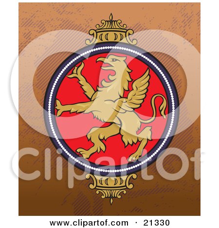 Clipart Illustration of a Golden Majestic Griffon On A Crest Over A Brown Background by Paulo Resende