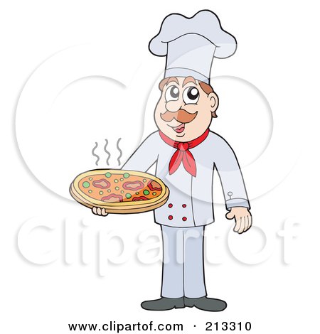 Royalty-Free (RF) Clipart Illustration of a Male Chef Holding A Supreme Pizza by visekart