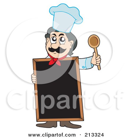 Royalty-Free (RF) Clipart Illustration of a Male Chef Standing Behind A Blank Blackboard by visekart
