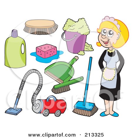Royalty-Free (RF) Clipart Illustration of a Digital Collage Of A Maid And Cleaning Items by visekart