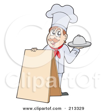 Royalty-Free (RF) Clipart Illustration of a Male Chef Serving A Platter And Standing By A Blank Sign by visekart