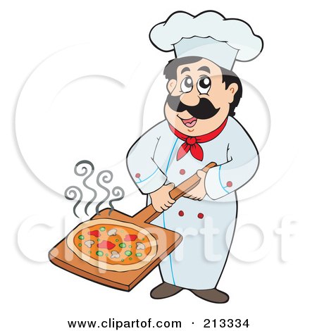 Royalty-Free (RF) Clipart Illustration of a Male Chef Holding A Pizza On A Plate by visekart