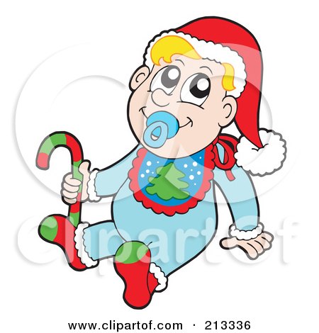Royalty-Free (RF) Clipart Illustration of a Christmas Baby Wearing A Santa Hat And Christmas Bib And Holding A Candy Cane by visekart