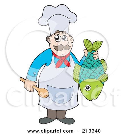Royalty-Free (RF) Clipart Illustration of a Male Chef Holding A Spoon And Fish by visekart