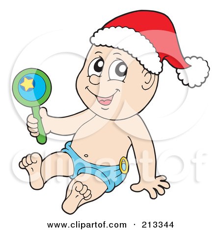 Royalty-Free (RF) Clipart Illustration of a Christmas Baby Wearing A Santa Hat And Holding A Rattle by visekart