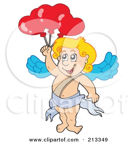 Royalty-Free (RF) Clipart Illustration of a Blond Eros Cupid Flying With Balloons by visekart