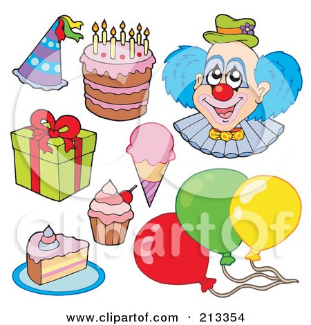 Royalty-Free (RF) Clipart Illustration of a Digital Collage Of A Clown And Birthday Items by visekart