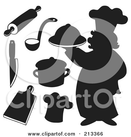 Royalty-Free (RF) Clipart Illustration of a Digital Collage Of A Silhouetted Chef And Kitchen Items by visekart