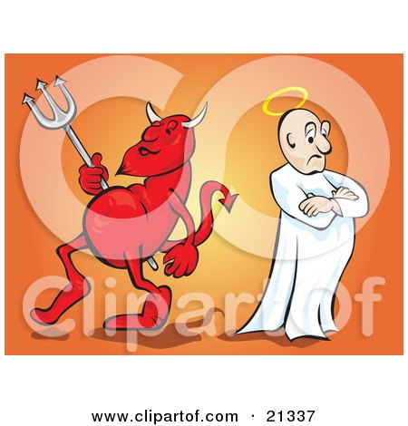 Clipart Illustration of a Red Devil Carrying A Pitchfork And Standing Back To Back With An Angel With A Halo by Paulo Resende