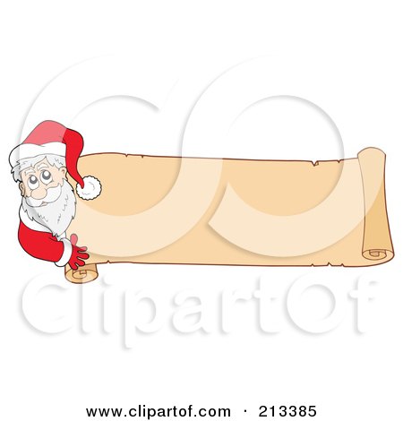 Royalty-Free (RF) Clipart Illustration of a Cartoon Santa Looking Around A Parchment Banner by visekart