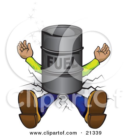 Clipart Illustration of a Man Lying Flat, Crushed Into The Ground Under A Barrel Of Fuel by Paulo Resende