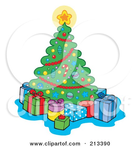 Royalty-Free (RF) Clipart Illustration of a Star On A Christmas Tree, Shining Over Presents by visekart