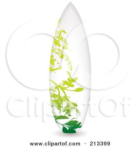Royalty-Free (RF) Clipart Illustration of an Upright Surfboard With A Green Floral Design by michaeltravers