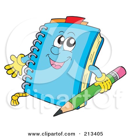 Royalty-Free (RF) Clipart Illustration of a Blue Notepad Character Holding A Pencil by visekart