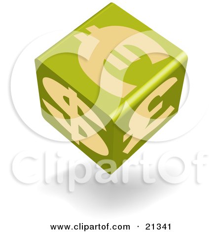 Clipart Illustration of a Green Currency Cube Showing Euro, Pound And Dollar Symbols by Paulo Resende