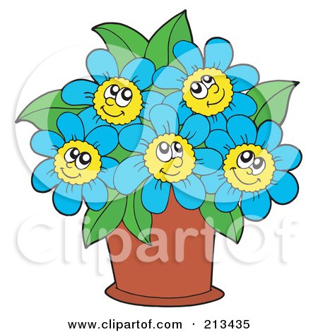 Royalty-Free (RF) Clipart Illustration of a Pot Of Happy Blue Flowers by visekart
