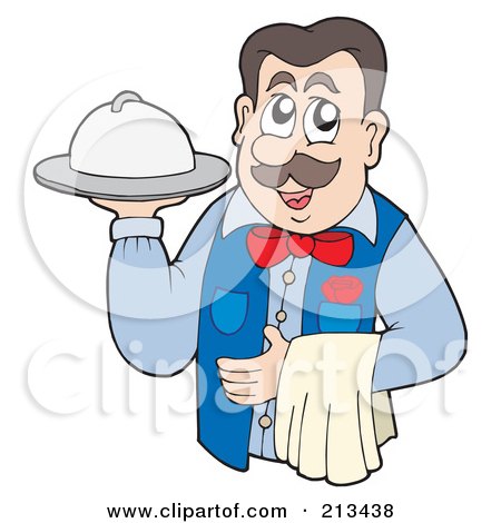 Royalty-Free (RF) Clipart Illustration of a Male Waitor Serving A Platter by visekart