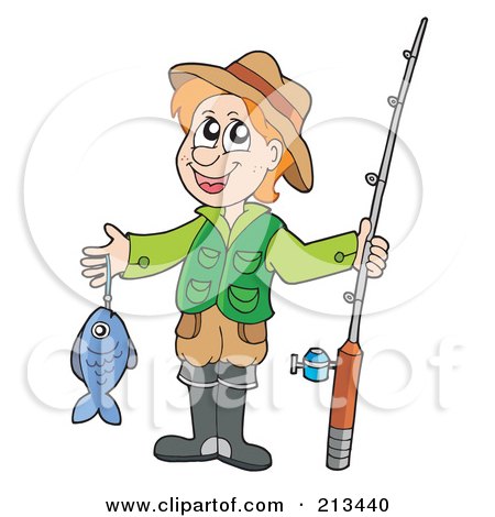 Royalty-Free (RF) Clipart Illustration of a Happy Man Holding His Fish And Rod by visekart