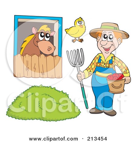 Royalty-Free (RF) Clipart Illustration of a Digital Collage Of A Farmer With Animals And Grass by visekart