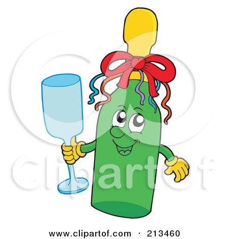 Royalty-Free (RF) Clipart Illustration of a Champagne Bottle Character Holding A Glass by visekart