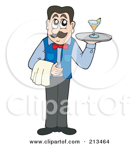 Royalty-Free (RF) Clipart Illustration of a Male Waitor Serving A Cocktail by visekart