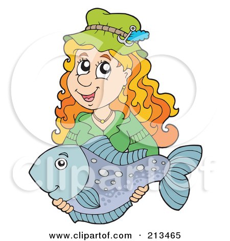 Royalty-Free (RF) Clipart Illustration of a Happy Woman Holding Her Caught Fish by visekart