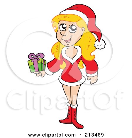 Royalty-Free (RF) Clipart Illustration of a Christmas Girl Holding A Present by visekart