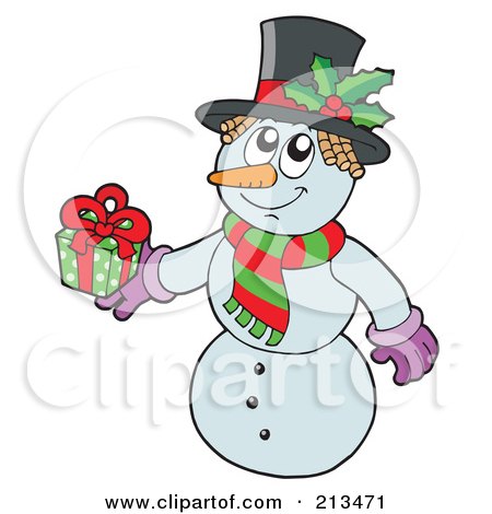 Royalty-Free (RF) Clipart Illustration of a Wintry Snowman In Holly Hat, Holding A Gift by visekart