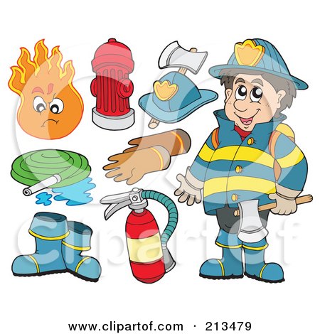 Royalty-Free (RF) Clipart Illustration of a Digital Collage Of A Fireman And Items by visekart
