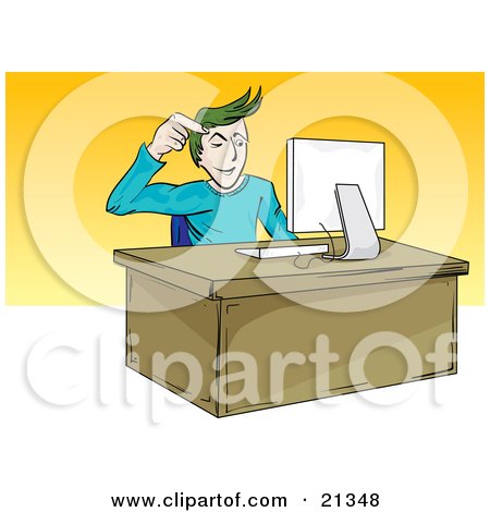 Clipart Illustration of a Confused Caucasian Guy Trying To Figure Out How To Operate His New Computer by Paulo Resende