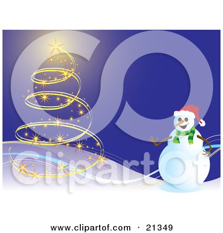 Clipart Illustration of a Happy Snowman Near A Christmas Tree Made Of Lights On A Snowy Hill by Paulo Resende