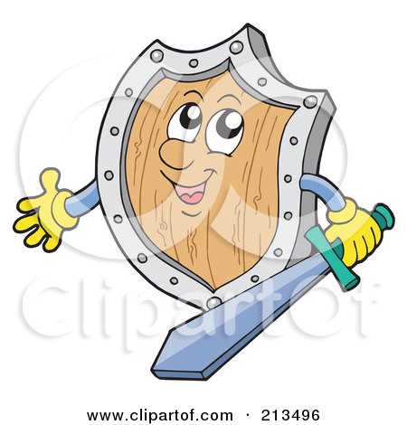 Royalty-Free (RF) Clipart Illustration of a Happy Wooden Shield Holding A Sword by visekart